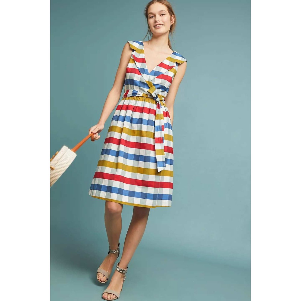 Maeve Anthropologie Multi Gingham Plaid V-Neck Wrap Dress 16W 4130339180012
